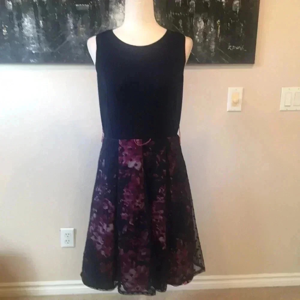 NWT Karin Stevens Floral Dress Navy & Pink w/Sheer Polka Dot Overlay -12